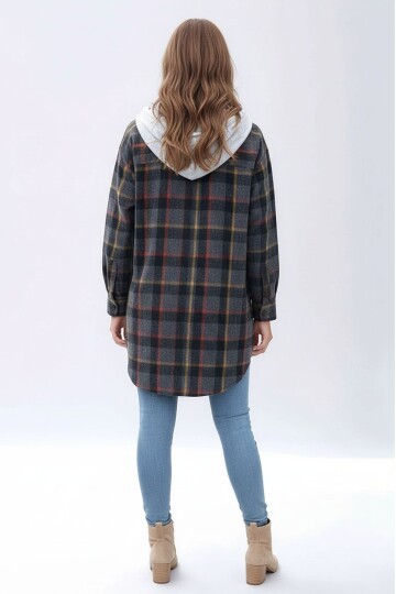 Kadın Desen Bloklu Oduncu Oversize Geniş Kalıp Casual Cepli Kapüşonlu Uzun Boy Ceket Gömlek