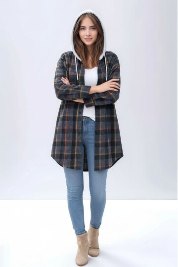 Kadın Desen Bloklu Oduncu Oversize Geniş Kalıp Casual Cepli Kapüşonlu Uzun Boy Ceket Gömlek