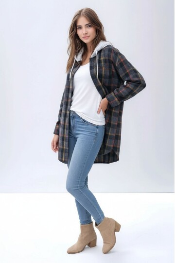 Kadın Desen Bloklu Oduncu Oversize Geniş Kalıp Casual Cepli Kapüşonlu Uzun Boy Ceket Gömlek