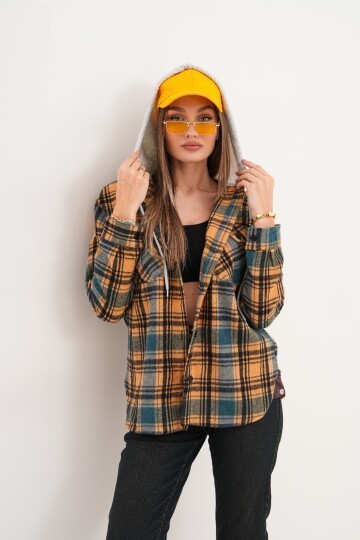 Kadın Desenli Renkli Oduncu Oversize Bol ve Geniş Kalıp Casual Çift Kapüşonlu Ceket Gömlek