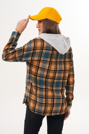 Kadın Desenli Renkli Oduncu Oversize Bol ve Geniş Kalıp Casual Çift Kapüşonlu Ceket Gömlek