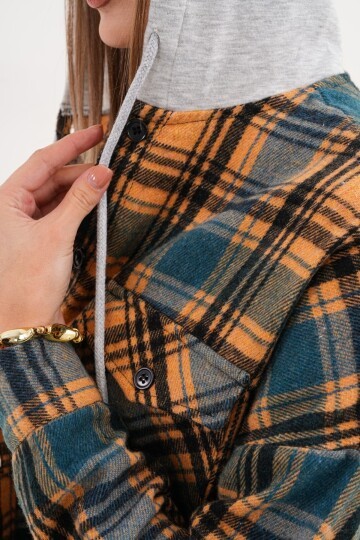 Kadın Desenli Renkli Oduncu Oversize Bol ve Geniş Kalıp Casual Çift Kapüşonlu Ceket Gömlek