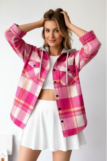 Kadın Desenli Renkli Oduncu Oversize Bol ve Geniş Kalıp Casual Çift Kapüşonlu Ceket Gömlek