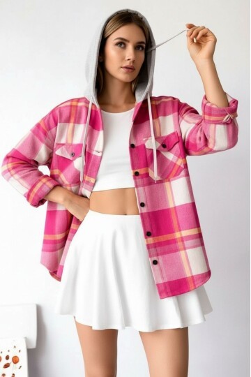 Kadın Desenli Renkli Oduncu Oversize Bol ve Geniş Kalıp Casual Çift Kapüşonlu Ceket Gömlek