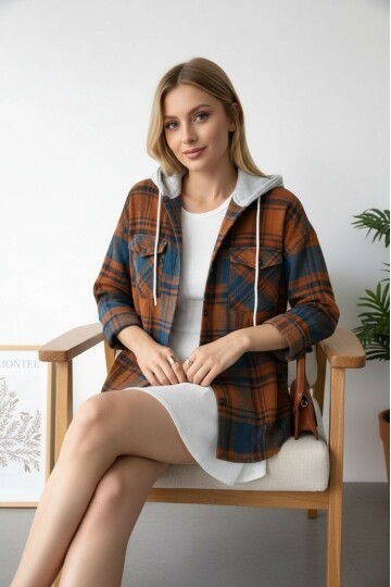 Kadın Desenli Renkli Oduncu Oversize Bol ve Geniş Kalıp Casual Çift Kapüşonlu Ceket Gömlek