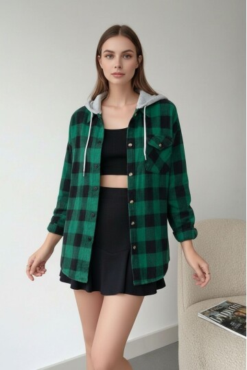 Kadın Desenli Renkli Oduncu Oversize Bol ve Geniş Kalıp Casual Çift Kapüşonlu Ceket Gömlek