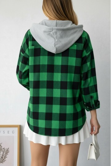 Kadın Desenli Renkli Oduncu Oversize Bol ve Geniş Kalıp Casual Çift Kapüşonlu Ceket Gömlek