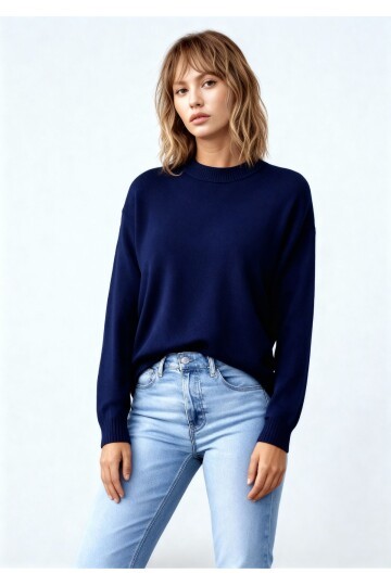 Kadın Dik Yaka Basic Uzun Kol Büyük Beden Curve Uyumlu Spor Şık Triko Kazak