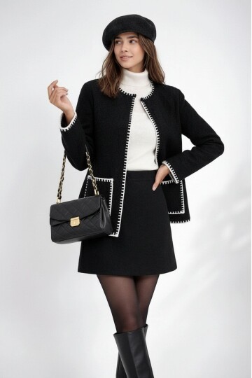 Kadın Dik Yaka İp Örgü Detaylı Rahat Kalıp Uzun Kol Tasarım Triko Ceket