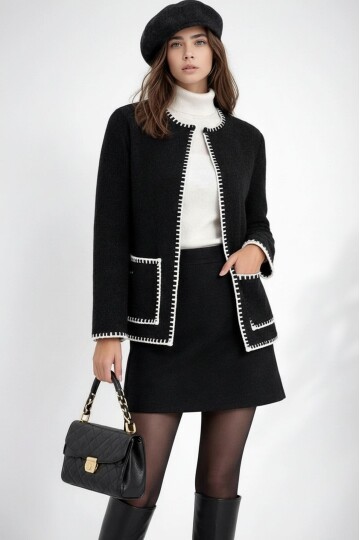 Kadın Dik Yaka İp Örgü Detaylı Rahat Kalıp Uzun Kol Tasarım Triko Ceket