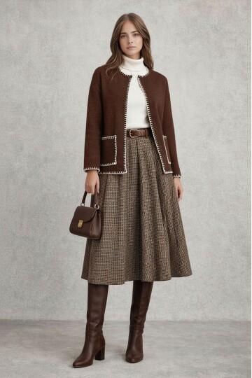 Kadın Dik Yaka İp Örgü Detaylı Rahat Kalıp Uzun Kol Tasarım Triko Ceket