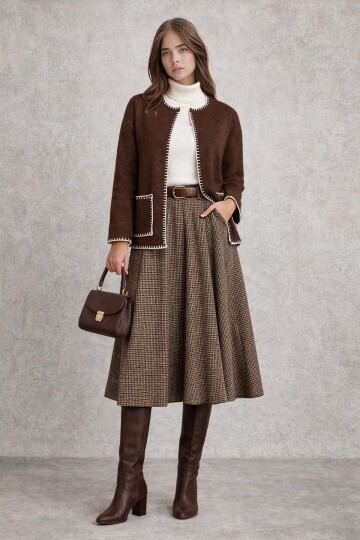 Kadın Dik Yaka İp Örgü Detaylı Rahat Kalıp Uzun Kol Tasarım Triko Ceket