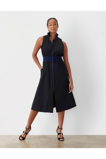 Kadın Dik Yaka Önü Fermuarlı Yırtmaçlı Baharlık Yazlık Beli Lastikli Şık Ceket Elbise