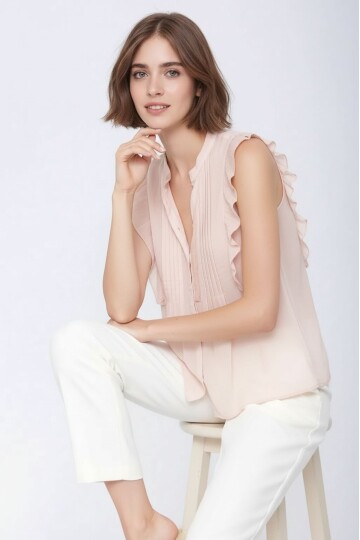 Kadın Dik Yaka Yarım Pat Düğmeli Fırfır Kol Şifon Şık Ofis Bluz