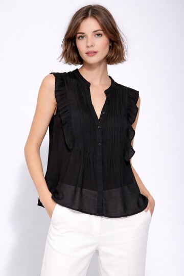 Kadın Dik Yaka Yarım Pat Düğmeli Fırfır Kol Şifon Şık Ofis Bluz