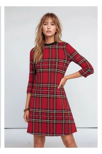 Kadın Ekose Desen Bisiklet Yaka Çan Etek Truvakar Kol Şık Casual Spor Curve Elbise