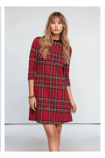 Kadın Ekose Desen Bisiklet Yaka Çan Etek Truvakar Kol Şık Casual Spor Curve Elbise