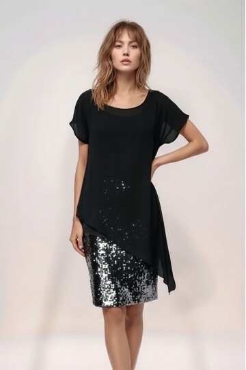 Kadın Eteği Pullu Üstü Şal Şifon Yakalı Şık Büyük Beden Yarım Kol Gece Abiye Elbise