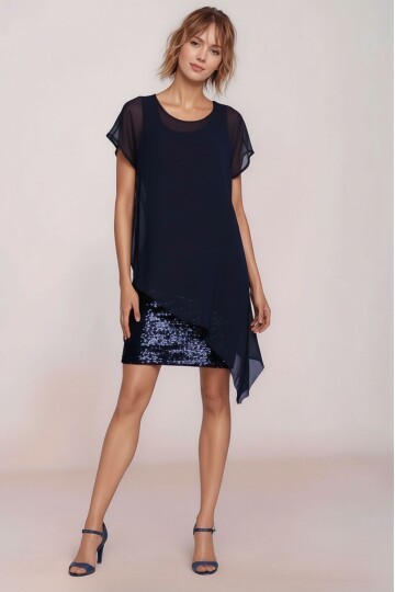 Kadın Eteği Pullu Üstü Şal Şifon Yakalı Şık Büyük Beden Yarım Kol Gece Abiye Elbise