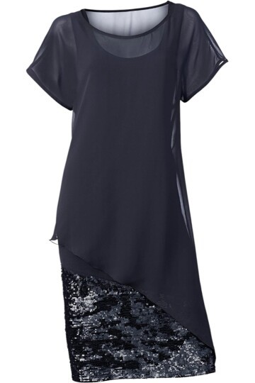 Kadın Eteği Pullu Üstü Şal Şifon Yakalı Şık Büyük Beden Yarım Kol Gece Abiye Elbise