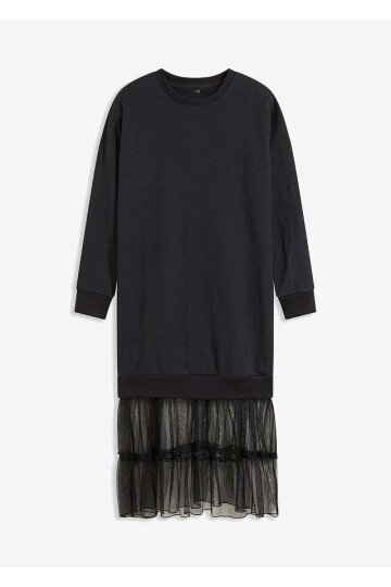 Kadın Eteği Tül Uzun Kol Pamuklu Spor Şık Sweat Curve Uzun Kol Büyük Beden Elbise