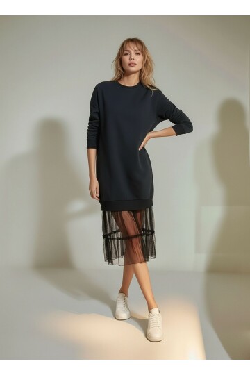 Kadın Eteği Tül Uzun Kol Pamuklu Spor Şık Sweat Curve Uzun Kol Büyük Beden Elbise