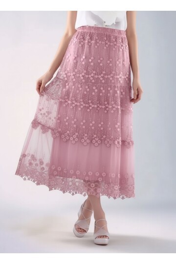 Kadın Etnik Dantel Ve Güpür Detaylı Astarlı Büyük Beden Curve Midi Boy Beli Lastikli Spor Şık Etek