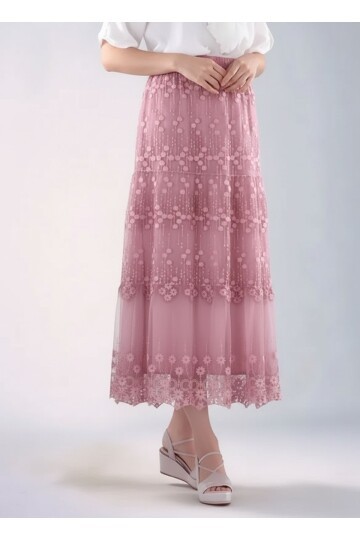 Kadın Etnik Dantel Ve Güpür Detaylı Astarlı Büyük Beden Curve Midi Boy Beli Lastikli Spor Şık Etek