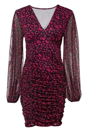 Kadın Fuşya Çiçek Desenli Kolları Tül Şifon Vücudu Saran Büzgülü Siyah Şık V Yaka Elbise