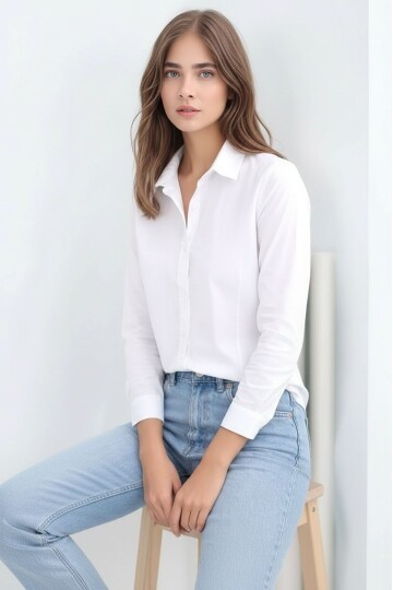 Kadın Gömlek Yaka Klasik Düz Düğmeli Tesettüre Uygun Uzun Kol Spor Şık İş Gömleği