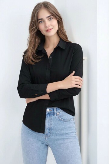 Kadın Gömlek Yaka Klasik Düz Düğmeli Tesettüre Uygun Uzun Kol Spor Şık İş Gömleği