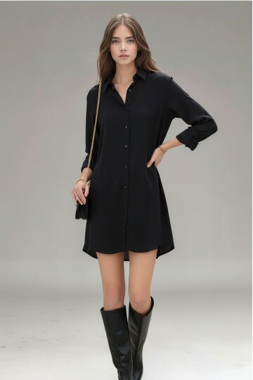 Kadın Gömlek Yaka Önden Düğmeli Uzun Kol Dar Kalıp Dokuma Saten Şık Elbise