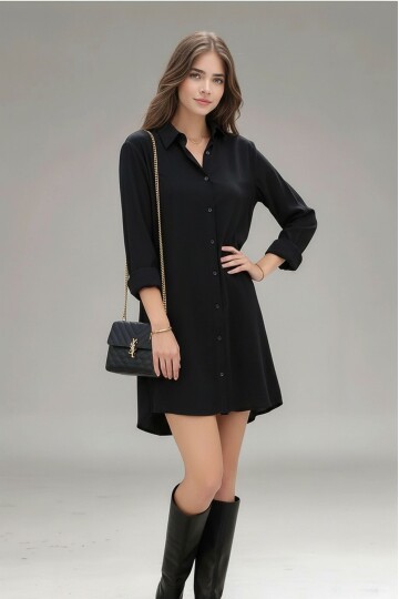 Kadın Gömlek Yaka Önden Düğmeli Uzun Kol Dar Kalıp Dokuma Saten Şık Elbise