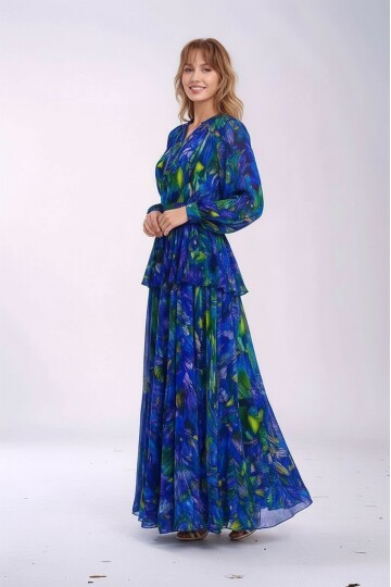 Kadın Gömlek Yaka Tül Şifon Beli Asimetrik Katlı Tesesttüre Uygun Maxi Boy Uzun Kol Abiye Elbise