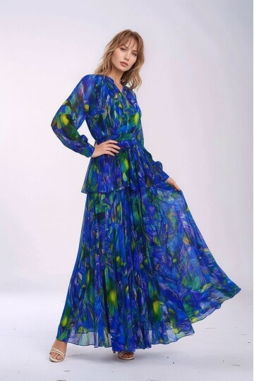 Kadın Gömlek Yaka Tül Şifon Beli Asimetrik Katlı Tesesttüre Uygun Maxi Boy Uzun Kol Abiye Elbise