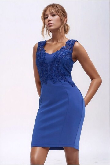 Kadın Güpür Dantel Yaka Detaylı Sırtı V Kolsuz Bele Oturan Şık Abiye Gece Mini Elbise