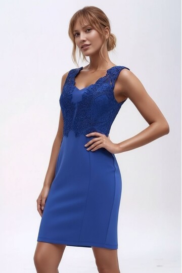 Kadın Güpür Dantel Yaka Detaylı Sırtı V Kolsuz Bele Oturan Şık Abiye Gece Mini Elbise