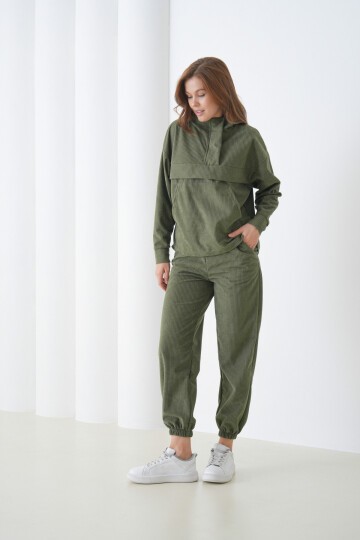 Kadın Kadife Oversize Salaş Kangru Cep Kapşonlu Sweatshirt Lastik Paça Spor Şık Eşofman Takımı