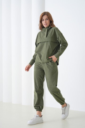 Kadın Kadife Oversize Salaş Kangru Cep Kapşonlu Sweatshirt Lastik Paça Spor Şık Eşofman Takımı