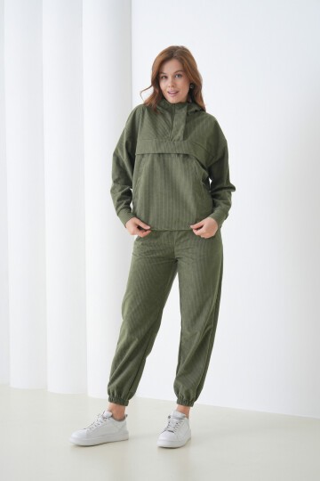 Kadın Kadife Oversize Salaş Kangru Cep Kapşonlu Sweatshirt Lastik Paça Spor Şık Eşofman Takımı