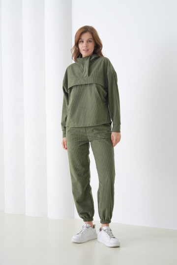 Kadın Kadife Oversize Salaş Kangru Cep Kapşonlu Sweatshirt Lastik Paça Spor Şık Eşofman Takımı
