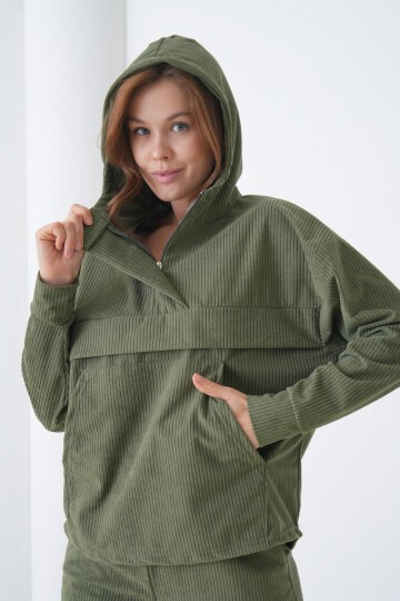 Kadın Kadife Oversize Salaş Kangru Cep Kapşonlu Sweatshirt Lastik Paça Spor Şık Eşofman Takımı