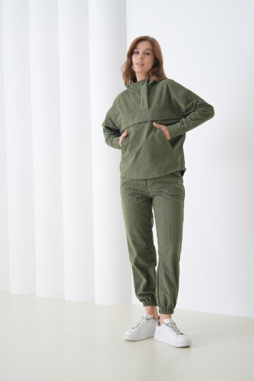 Kadın Kadife Oversize Salaş Kangru Cep Kapşonlu Sweatshirt Lastik Paça Spor Şık Eşofman Takımı