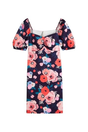 Kadın Kalp Yaka Balon Kol Önden Büzgü Çiçek Desen Asimetrik Etek Büyük Beden Curve Midi Boy Elbise