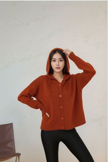 Kadın Kapüşonlu Önden Düğmeli Yumoş Triko Spor Şık Tesettüre Uygun Kışlık Ceket