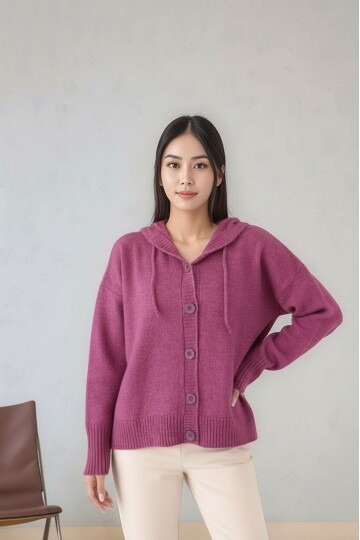 Kadın Kapüşonlu Önden Düğmeli Yumoş Triko Spor Şık Tesettüre Uygun Kışlık Ceket