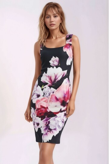 Kadın  Kare Yaka Askılı Çiçek Desenli Belden Oturmalı Şık Toparlayıcı Büzgü Detay Elbise