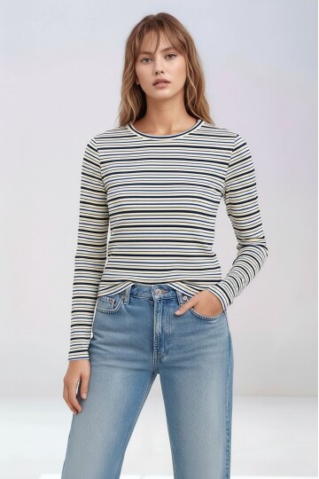 Kadın Bisiklet Yaka Full Esnek Çizgili Comfort Spor Şık Tasarım Yumoş Bluz