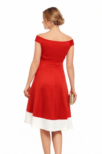 Kadın Kayık Yaka Kırmızı Volanlı Çan Kesim Şık Curve Gece Abiye/Mezuniyet Elbisesi