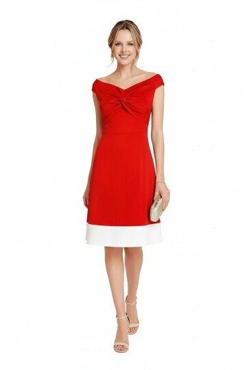 Kadın Kayık Yaka Kırmızı Volanlı Çan Kesim Şık Curve Gece Abiye/Mezuniyet Elbisesi